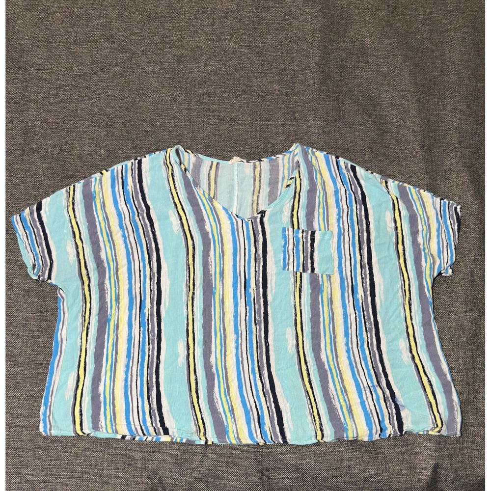 Jodifl Women's S Top Blue Striped V-Neck Short Sleeve Pocket Boxy
